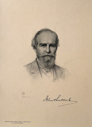 Sir John Lubbock, Baron Avebury. Reproduction after pencil drawing by H. T. Wells, 1896.