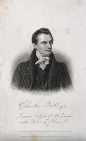 view Charles Babbage. Stipple engraving by R. Roffe, 1833.