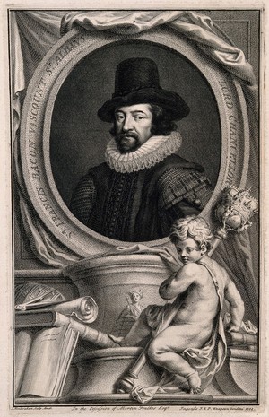 view Francis Bacon, Viscount St Albans. Line engraving by J. Houbraken, 1738.