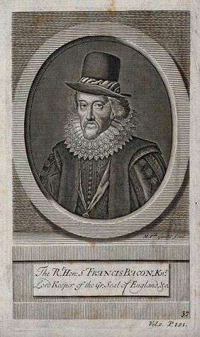 Francis Bacon, Viscount St Albans. Line engraving by M. van der Gucht, 1713.