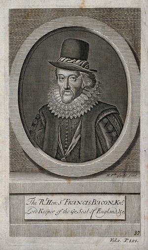 view Francis Bacon, Viscount St Albans. Line engraving by M. van der Gucht, 1713.