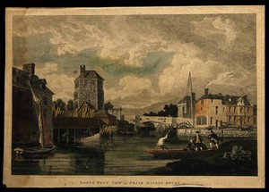 view Roger Bacon: the tower known as Roger Bacon's study, Oxford. Coloured line engraving by M.A. Rooker, ca. 1780.