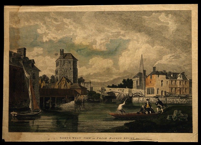 Roger Bacon: the tower known as Roger Bacon's study, Oxford. Coloured line engraving by M.A. Rooker, ca. 1780., 1780, by Michael Angelo Rooker