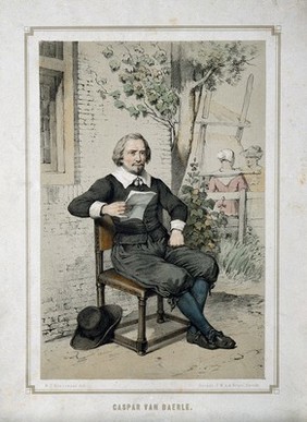 Caspar van Baerle [Barlæus]. Coloured lithograph by P.W. van de Weyer after W. P. Hoevenaar.