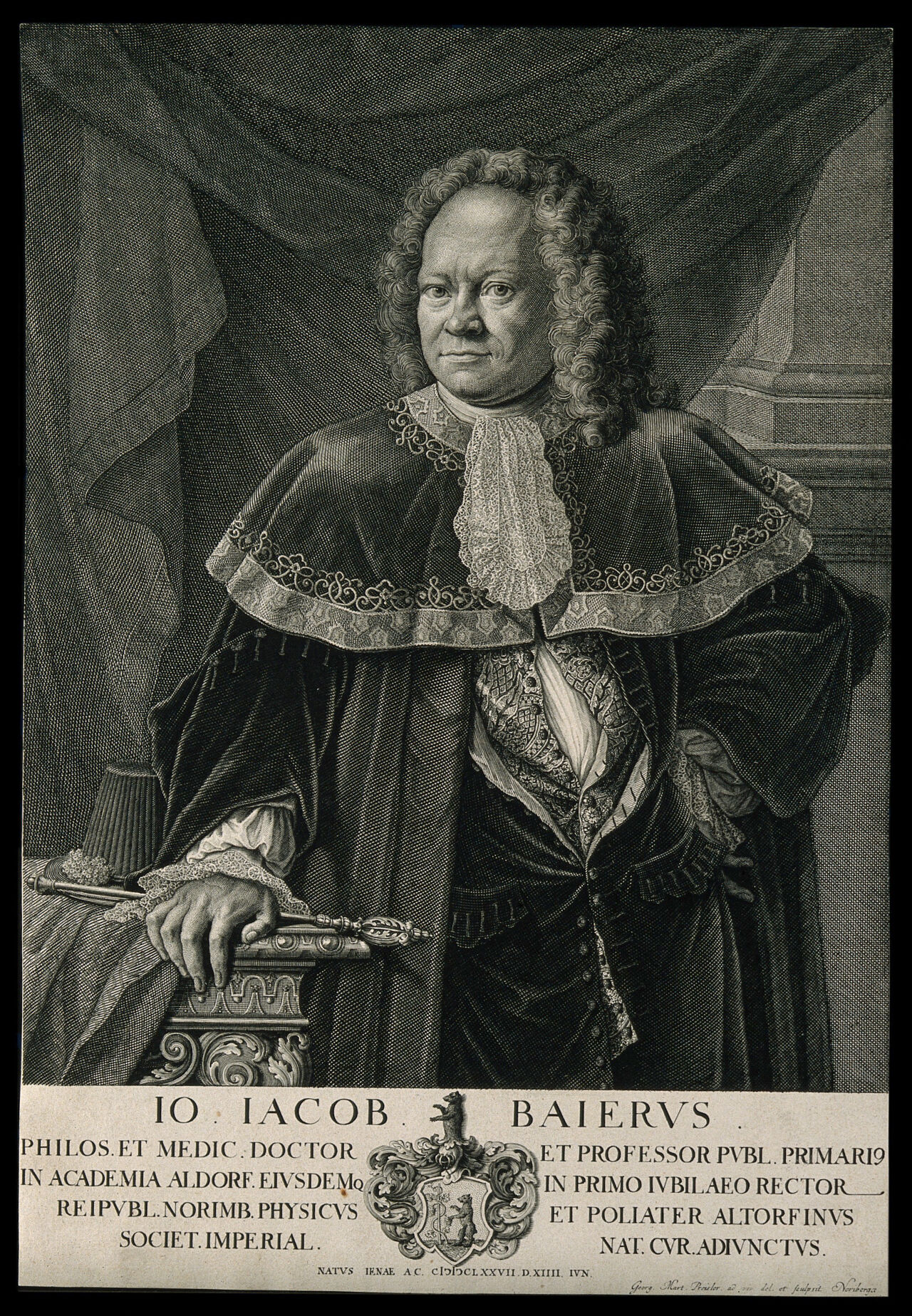 Johann Jakob Baier. Line engraving by G. M. Preisler after himself., by Georg Martin Preisler