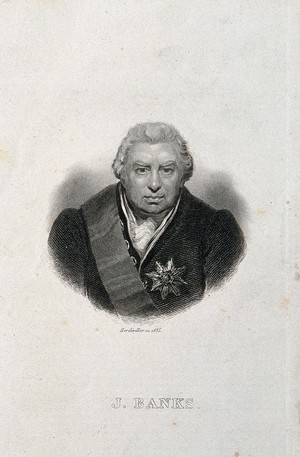 view Sir Joseph Banks. Stipple engraving by C.A. d'Hardiviller, 1835.