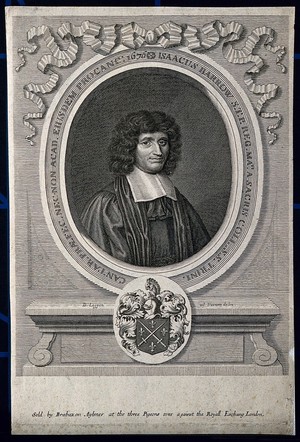 view Isaac Barrow. Line engraving by D. Loggan after himself, 1676.