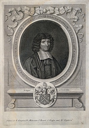 view Isaac Barrow. Line engraving by D. Loggan after himself, 1676.