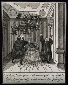 Balthasar Bekker and Christian Scriver sieve diseases from devils. Engraving, 1731.