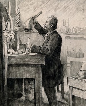 view Marcellin Pierre Eugène Berthelot in his laboratory. Charcoal drawing.