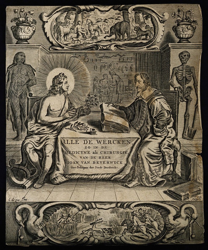Johan van Beverwijk: he converses with Apollo about medicinal plants, while surrounded by attributes of botany, anatomy and surgery. Line engraving by C. van Dalen the younger (?) after C. de Passe the younger (?), 1656., 1656, by Crispijn van de Passe the Younger