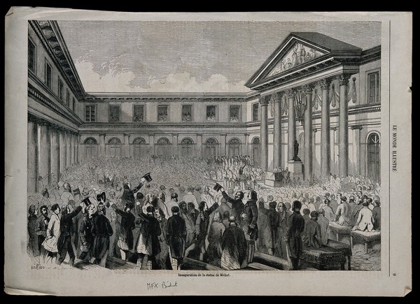 Marie-François-Xavier Bichat: unveiling of a statue to him in Paris. Wood engraving by Jayer after E. Riou and Beranger [?], ca. 1857.