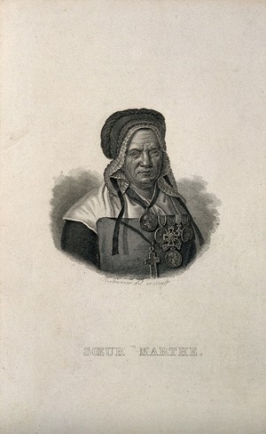 view Anne Biget [soeur Marthe]. Line engraving by P. F. Bertonnier after himself.