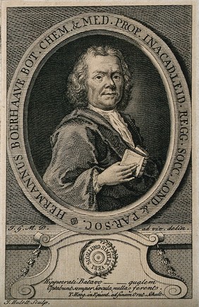 Hermann Boerhaave. Line engraving by J. Hulett after J. Goddard.