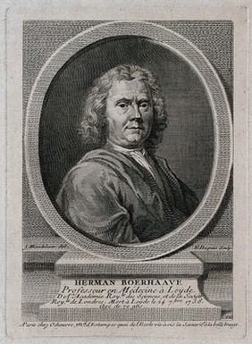 Hermann Boerhaave. Line engraving by N. Dupuis, 1738, after J. Wandelaar.