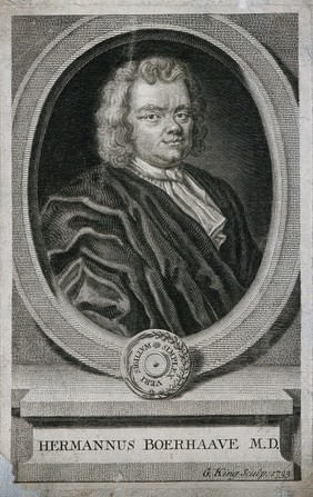 Hermann Boerhaave. Line engraving by G. King, 1733.