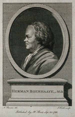view Hermann Boerhaave. Line engraving by J. Heath, 1788, after N. Pruneau, 1773.
