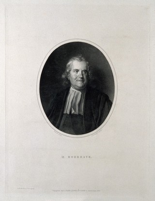 Hermann Boerhaave. Line engraving by J. W. Kaiser, 1858, after C. Troost, 1735.