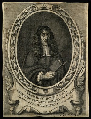 view Théophile Bonet. Line engraving by F. Diodati, 1679.