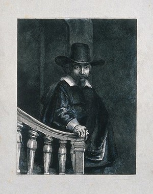 view Ephraim Bonus. Etching by H. Linton, 1853, after Rembrandt.