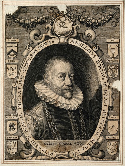 Anselmus de Boodt (Boetius), physician to Rudolph II, wearing a chain of office and a ruff, with an elaborate heraldic border. Line engraving by A. Sadeler.
