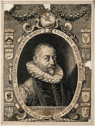 Anselmus de Boodt (Boetius), physician to Rudolph II, wearing a chain of office and a ruff, with an elaborate heraldic border. Line engraving by A. Sadeler.