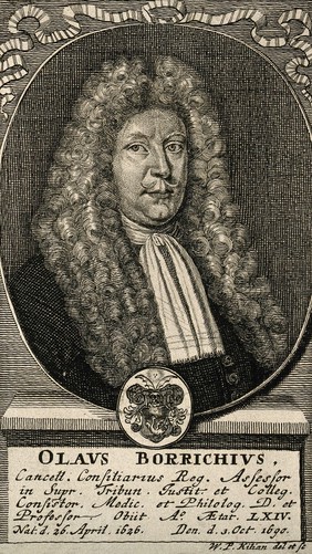 Olaus Borrichius [Borch]. Line engraving by W. P. Kilian after himself.