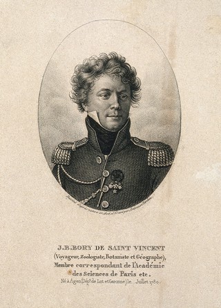Jean Baptiste Bory de St Vincent. Stipple engraving by A. Tardieu after himself, 1826.