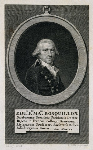 view Edouard François Marie Bosquillon. Line engraving by A. de St Aubin, 1798, after J. B. Isabey.