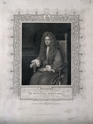 view Robert Boyle. Line engraving by W. Holl, 1828, after W. Derby.