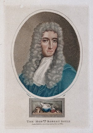 view Robert Boyle. Coloured stipple engraving by J. Chapman, 1800 after G. Vertue.