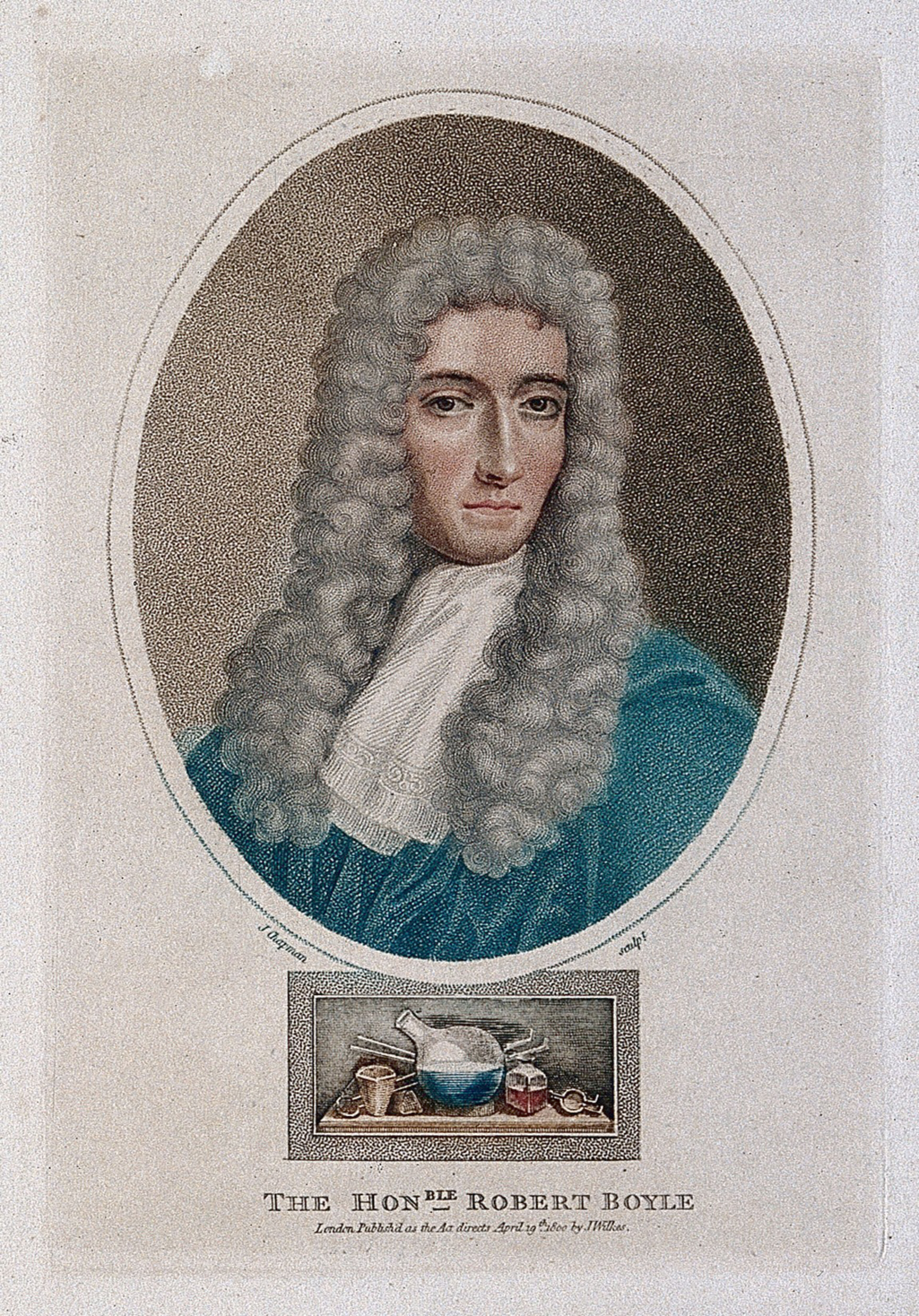 Robert Boyle. Coloured stipple engraving by J. Chapman, 1800 after G. Vertue.