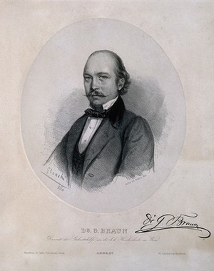 view Gustav Braun. Lithograph by J. Glinski, 1869.