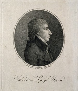 view Valeriano Luigi Brera. Stipple engraving by Fratelli Bordiga after Mora.