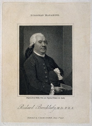 view Richard Brocklesby. Stipple engraving by W. Ridley, 1798, after J. S. Copley.