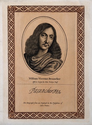 William Brounker, second Viscount Brounker. Reproduction [?] of stipple engraving after J. Evelyn.