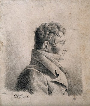 view François Joseph Victor Broussais. Lithograph by C.L.P., 1817.