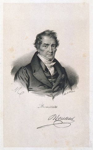 view François Joseph Victor Broussais. Lithograph by A. Maurin after N. E. Maurin.