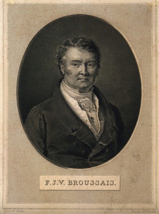 François Joseph Victor Broussais. Line engraving by H. Bonvoisin after C. Duchesne.