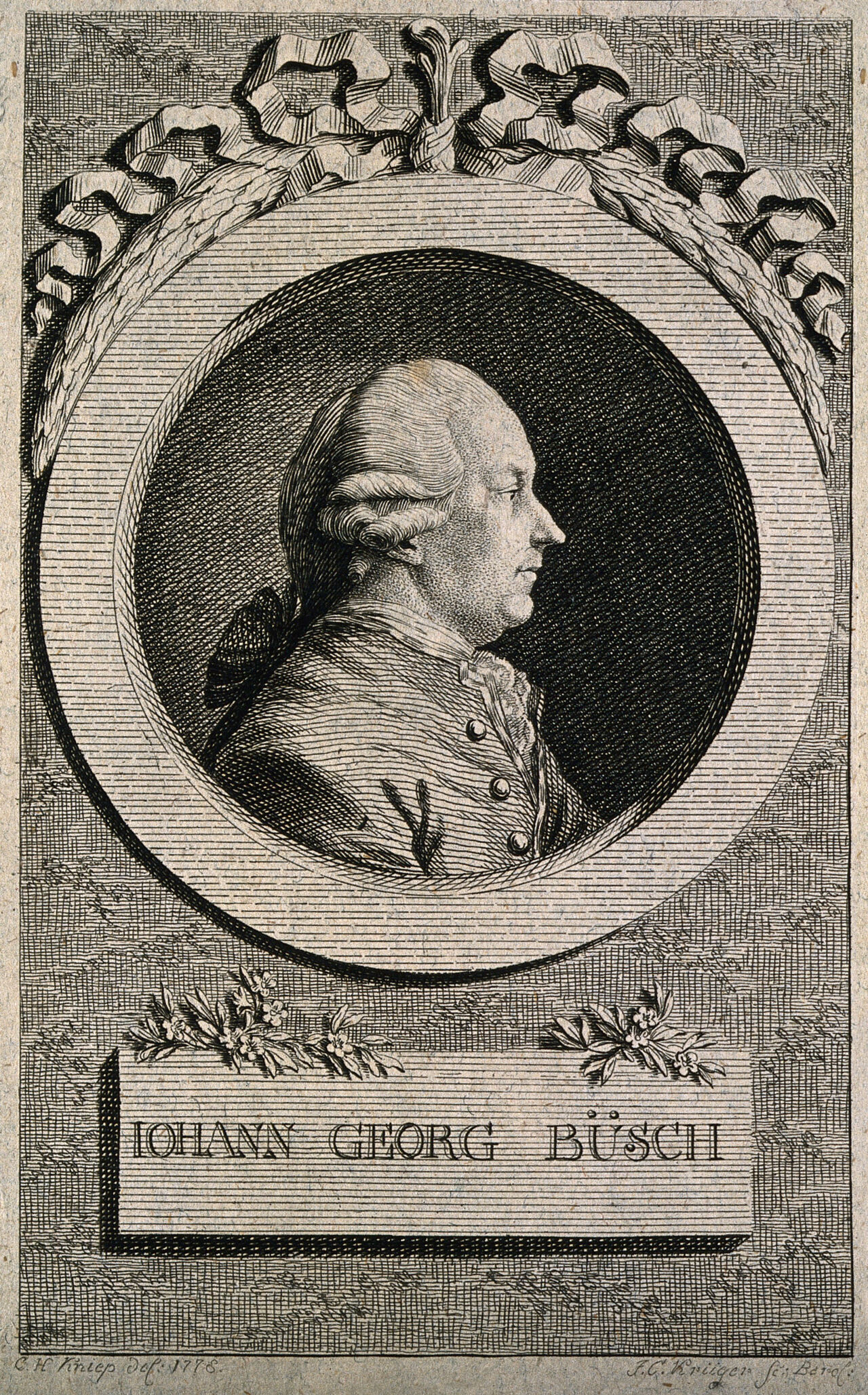 Johann Georg Büsch (Buesch). Line engraving by J. C. Krüger after C. H. Kniep, 1778., by Christoph Heinrich Kniep