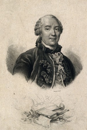 view Georges Louis Leclerc, Comte de Buffon. Line engraving by E. Giroux, 1855.