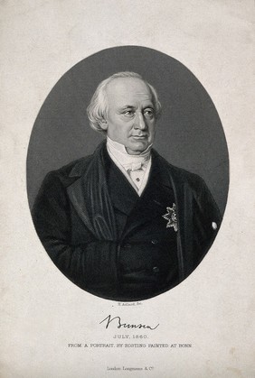 Christian Karl Josias, Freiherr von Bunsen. Stipple engraving by H. Adlard, 1868, after C. Rosting, 1860.
