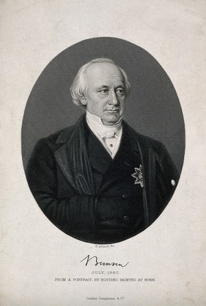 view Christian Karl Josias, Freiherr von Bunsen. Stipple engraving by H. Adlard, 1868, after C. Rosting, 1860.