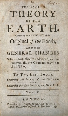 Thomas Burnet: title page to his book The sacred theory of the earth, 1726. Letterpress.