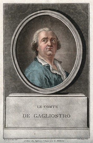 view Giuseppe Balsamo, Count Cagliostro. Colour mezzotint by J. B. Chapuy after L. Brion de La Tour the younger.