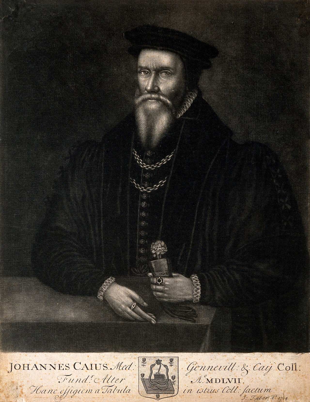 John Caius. Mezzotint by J. Faber the elder, 1714., 1714, by John Faber