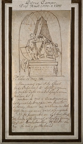 Hugo Grotius: his tomb in Delft. Pen and ink drawing by P. Camper.