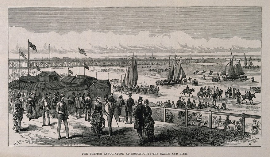 Members of the British Association at Southport: in the distance the sands and pier. Wood engraving by H.C. (?) after F.J. W. (?).