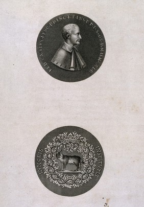 Federigo Cesi, and a lynx: obverse and reverse of a medal showing him as a member of the Accademia dei Lincei. Line engraving.