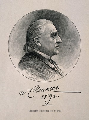 view Jean-Martin Charcot. Wood engraving by Lorillon after P. Richer, 1891.